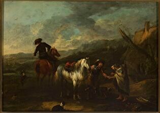 Horsemen and a beggar woman against landscape