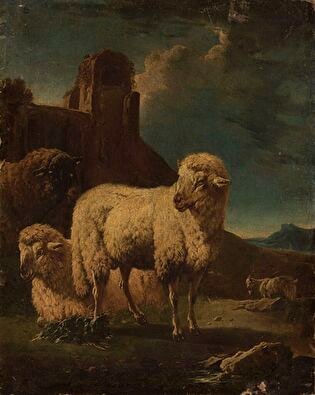 Rams with ruins in the background