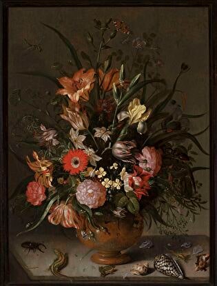 Bouquet of flowers in a vase, insects and tiny creatures