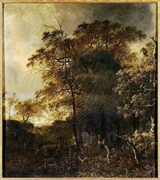 Forest landscape with huntsmen