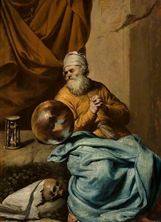 Old man with a sphere, an hourglass, a skull and books (Vanitas?)