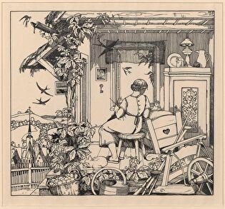 Woman and child by a cradle on their porch