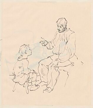Man talking to a girl, verso: sketch of 3/4 of the body of a woman (songstress) holding a sheet of paper in her hands