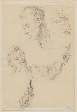 Head of a Woman Looking to the Left, Head and Arm of a Woman Raising a Toast, Hands Holding Cups and a Chalice. Composition Studies for Goethe’s Baptism
