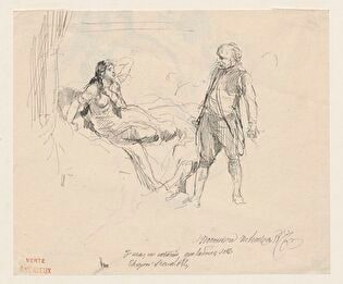 Scene of jealousy; verso: sketch of female nude and female nude half-length with a wreath on her head