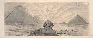 Sphinx in Giza against the background of pyramids and the setting sun