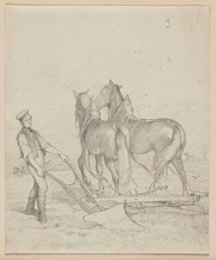 Man Ploughing the Land with a Plough Pulled by Two Horses