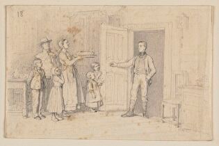 Young Man at the Door of a Room Greeted by a Woman with a Pie, Four Children, and a Man with a Pipe