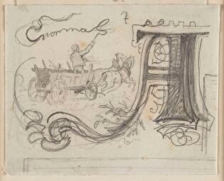 Initial A with a Genre Scene: Man in a Cart Drawn by a Pair of Horses