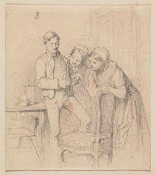 Young Man and Two Girls Looking at a Watch
