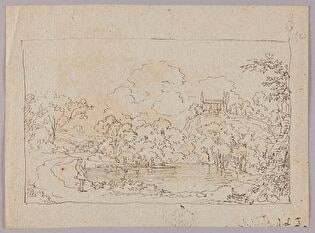 Pond Surrounded by Trees, in the Background on the Right a Temple on a Hill; Verso: Rocky Seashore