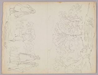 Genre Scene (Below), Trees on a River Bank (Above); Verso: Two Landscapes