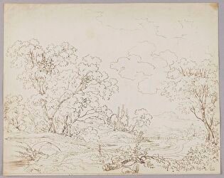 River among Trees and Two Bridges; Verso: River Winding through Trees, Small Compositional Sketches in the Margins
