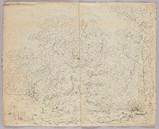 Forest Landscape; Verso: Forest Landscape with Buildings in the Background