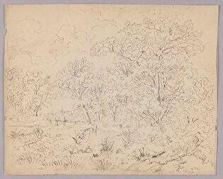 Trees and a Wooden Bridge over a River; Verso: Figural Sketches, Study of a Tree and Rocks, Tombstone