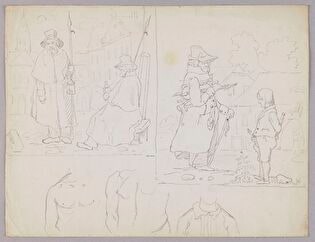 Two Night-Watchmen with Lanterns and Halberds in a Town (on the Left), Music Teacher and His Student with Violin under His Arm (on the Right), Studies of Two Male Torsos (Below); Verso: Male Figures and Genre Senes