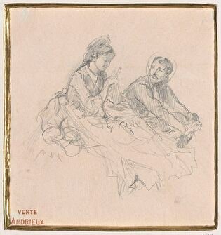 Woman in crinoline and young man sitting on the ground