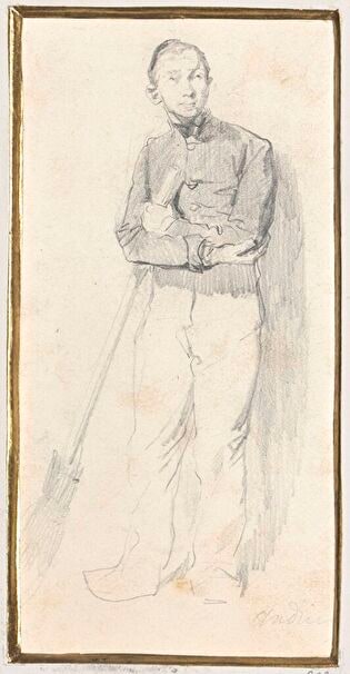 Private (hostler?) in casual uniform with a broom