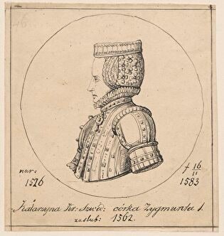 Profile portrait of queen Catherine Jagiellon, according to a medal authored by Giovanni Maria Padovano