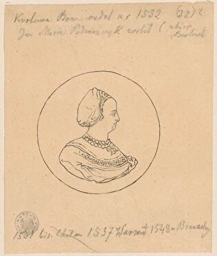 Profile portrait of queen Bona Sforza, according to a medal authored by Giovanni Maria Padovano