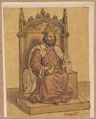 Emeric, King of Hungary, sitting on the throne and holding royal insignia, according to illustration from the „Chronica Hungarorum” by Johannes Thurocz (János Thuroczi) published in Augsburg in 1488