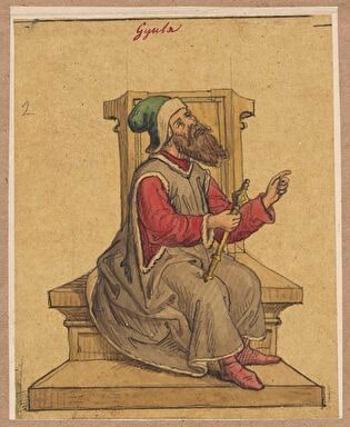 Hungarian king Gyula sitting on the throne, according to illustration from the „Chronica Hungarorum” by Johannes Thurocz (János Thuroczi) published in Augsburg in 1488