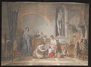 Three women and children by a fireplace in a ruined palace