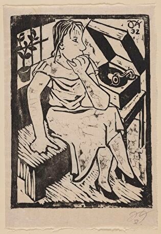 Woman Listening to Music from a Phonograph, Plate from the Series: 10. Holzschnitte