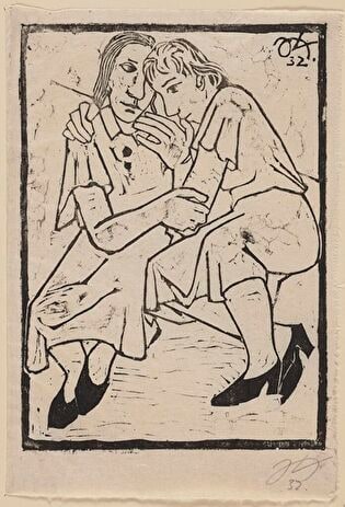 Two Women Sitting on a Bench, Cuddled, Plate from the Series: 10. Holzschnitte