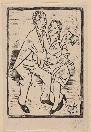 Man Reading Poems to a Woman on a Park Bench, Plate from the Series: 10. Holzschnitte