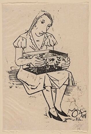 Woman Holding an Aquarium on Her Lap, Plate from the Series: 10. Holzschnitte