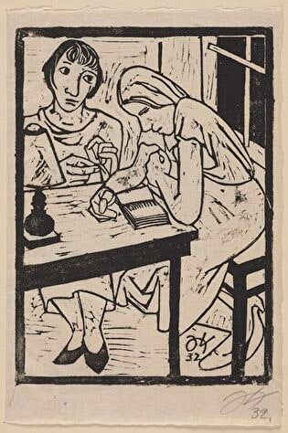 Two Women Sitting at a Table, One Sowing, the Other Reading a Book, Plate from the Series: 10. Holzschnitte