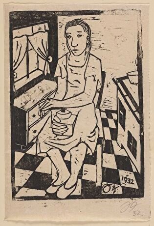 Woman Sitting on a Kitchen Chair, Holding a Coffee Grinder, Plate