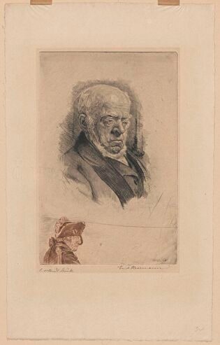 Portrait of Adolph Menzel with remarque: Frederic the Great’s head