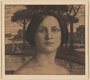 Bust of a Woman against the Background of a Landscape. In the Background, on the Left, Two Nude Women at the Water's Edge