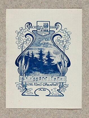 Bookplate of H. Ernest Opdenhoff. Ora et labora