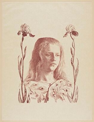 Portrait of a Girl with Irises and Peacock Feathers