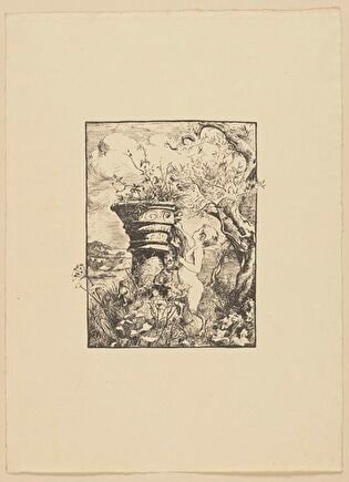 Small Faun Looking at Ancient Ruins Overgrown with Plants