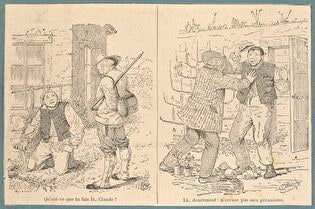 Two Illustrations: 'What are you Doing Here, Claude!' and 'Don't Trample on My Geraniums'
