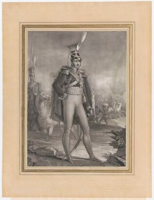Prince Józef Poniatowski standing against the background of a scene featuring his jump to the Elster