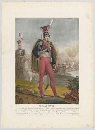 Prince Józef Poniatowski standing against the background of a scene featuring his jump to the Elster
