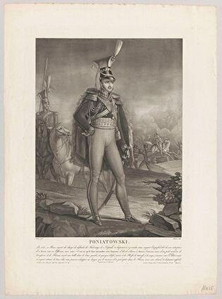 Prince Józef Poniatowski standing against the background of a scene featuring his jump to the Elster