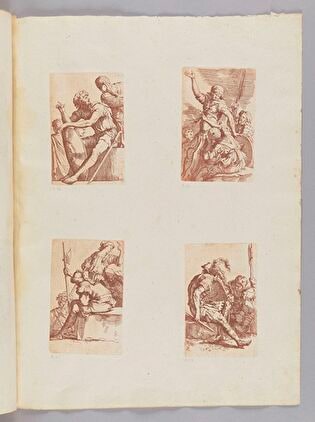 Sheet with Four Engravings Based on the 'Figurine' Series (Studies of Groups of Figures; in the Lower Right Corner, an Engraving with a Representation of a Man in a Hat with Feathers, Sitting on a Stone and Leaning on a Shield)