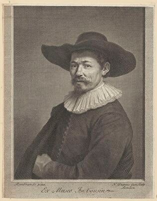 Portret mężczyzny w kapeluszu z szerokim rondem i w kryzie, en trois quarts w lewo, do pasa, z dłonią schowaną pod połą płaszcza.