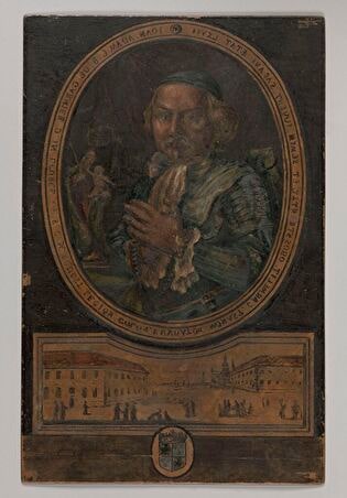 Portrait of Jan Adam de Garnier with a view of the Carmelite church and monastery in Głębowice