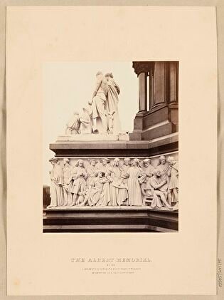 Albert Memorial in London. Fragment of sculptured frieze featuring painters and the figural group “Production”