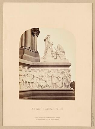 Albert Memorial in London. Fragment of sculptured frieze featuring musicians and the figural group “Production”