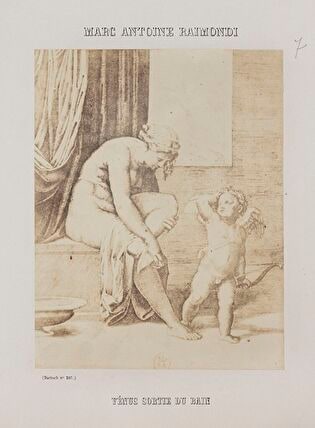 Photograph of print: Marcantonio Raimondi (c. 1470 or 1482 - 1527 or 1534) according to Raphael (1483-1520), Vénus sortie du bain ; sheet from: Notice sur la vie de Marc Antoine Raimondi Graveur Bolonais accompagnée de reproductions photographiques de quelques unes de ses Estampes par M. Benjamin Delessert, vol. 4, 1853