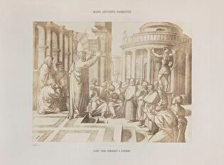 Photograph of print: Marcantonio Raimondi (c. 1470 or 1482 - 1527 or 1534) according to Raphael (1483-1520), Saint Paul prechant a Athenes ; sheet from: Notice sur la vie de Marc Antoine Raimondi Graveur Bolonais accompagnée de reproductions photographiques de quelques unes de ses Estampes par M. Benjamin Delessert