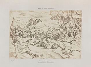 Photograph of print: Marcantonio Raimondi (c. 1470 or 1482 - 1527 or 1534) according to Raphael (1483-1520), David coupant la tete a Goliath ; sheet from: Notice sur la vie de Marc Antoine Raimondi Graveur Bolonais accompagnée de reproductions photographiques de quelques unes de ses Estampes par M. Benjamin Delessert
